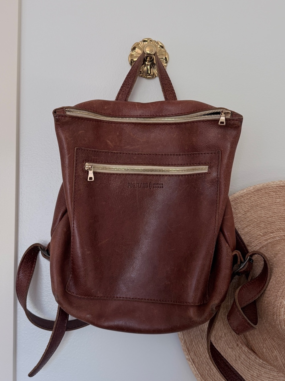 Portland Leather Nutmeg Brown Leather Tote Backpack with Gold Hardware
